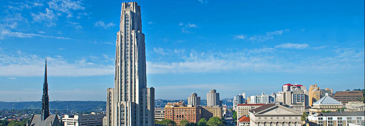 Pitt campus with Cathedral of Learning in foreground. 